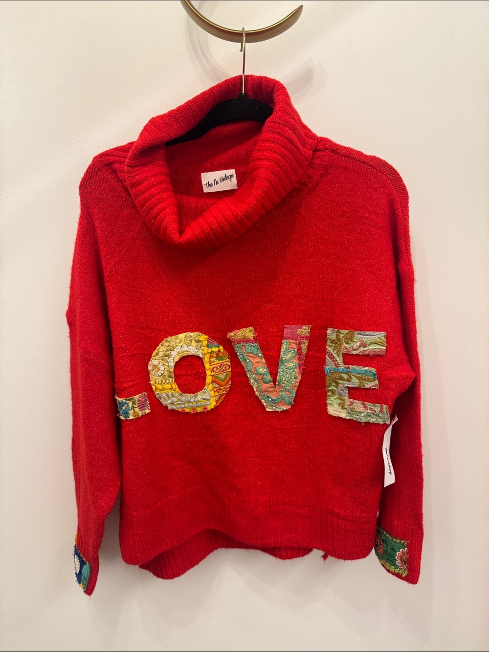 Vintage Red Cowlneck Sweater with Multicolor 'LOVE' Appliqué